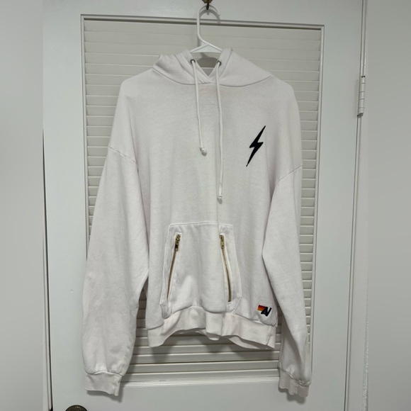 Aviator Nation White Relaxed Hoodie with black lightening bolt patch, Medium - Picture 4 of 8